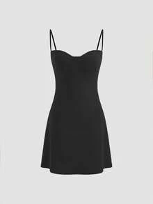 Women's Solid Sexy Black A-Line Suspender Mini Dress, Elegant Style Suitable For Daily Outings, Dates, Parties, Summer/Spring Vacations Outfits - Black - View 5