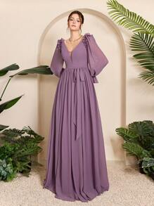 Women's Ruffled Chiffon Lantern Sleeve Maxi Dress