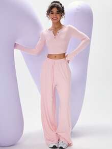 PinkTip Stylish Knit Two - Piece Set: Cropped Top & Wide - Leg Pants - Pink - View 3