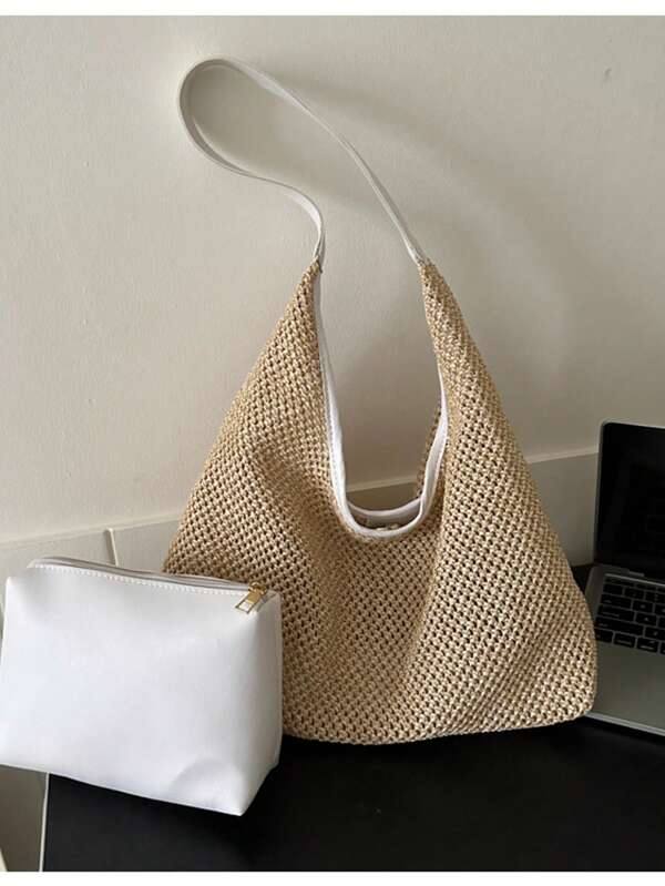 Versatile Bohemian Casual Beach Summer Fashionable Woven Tote Bag, New Fashion Chic Shoulder Beach Travel Straw Woven Bag For Outdoor Shopping