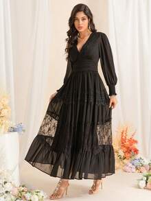 High Quality Black Long Sleeve Dress Deep V Neck Lace Patchwork Style Bubble Sleeve Pleated Waist Large Swing Dresses, Formal, Party Dress, Gown, For Evening, Wedding Guest - Black - View 5