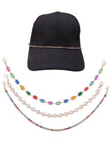 1pc Bling Crystal & Pearl PU Rope Metal Chain Hat Strap Charm, Fashionable Versatile Hat Accessories