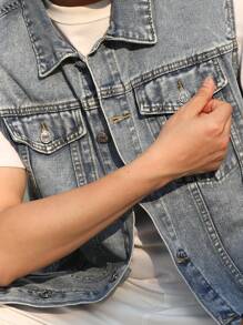 Men's Light Blue Front Button Sleeveless Denim Jacket, Summer