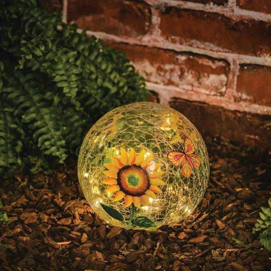 6 Inch Solar Sunflower Crackle Glass Ball Decor, 6" Length X 6" Width X 6" Height - 1 - View 1