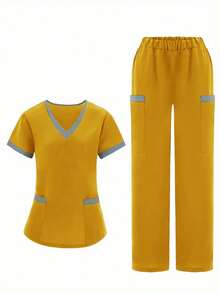 Women's Uniform Set With V-Neck Short Sleeve Top And Pants, For Summer - Yellow - View 3