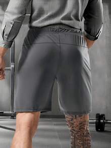 Men's Summer Breathable High Elasticity Polyamide Shorts With Drawstring, Zipper, And Reflective Print Pocket - Casual Style, Solid Color, Regular Fit - Grey - View 3