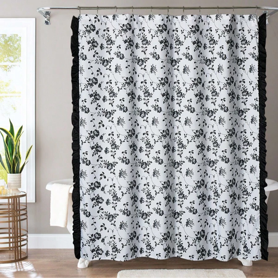 1 件黑色碎花荷叶边浴帘，可水洗装饰窗帘，182*182 厘米浴室配件返校 - 彩色 - 查看 1