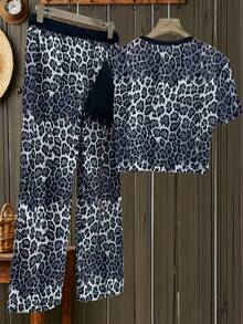 Spring/Summer New Casual Comfortable Leopard Print Round Neck Short Sleeve Top And High Waist Pocket Straight Leg Pants Set, Women Summer 2-Piece Outfit Suitable For Daily Wear - Black - View 3