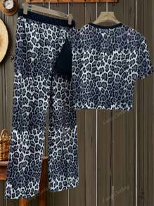 New Casual Comfy Leopard Print Round Neck Short Sleeve Top & High Waist Pocket Straight Leg Pants Set, Spring/Summer