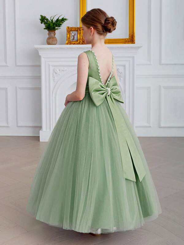 Vestido elegante en verde olivo con lazo para niña preadolescente, vestido de fiesta de dama de honor grácil y elegante, adecuado para bodas, fiestas, cumpleaños, bailes de graduación y otras ocasiones formales