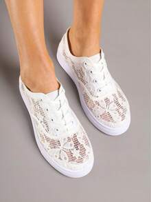 Women's Perforated Lace Casual Canvas Sneakers, Korean Preppy Lace-Up Style, Breathable, Versatile, Suitable For Summer - White - View 2