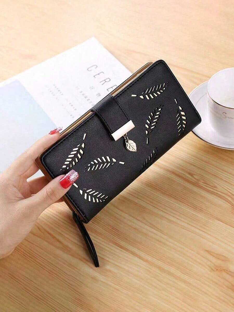 Hollow Leaves Purse Women Wallet Zipper Wallet Card Holder With Money Holder With Wristlet Birthday Gifts Gifts For Friends For Daily PU Leather Minimalist Fashion Casual For Women For Student Wallet Mini Wallet Purse Wallet Long Wallet - Black - View 1