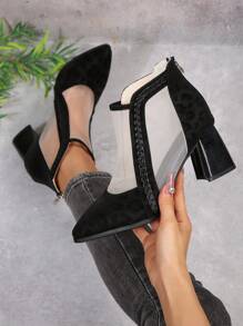 Color-Block French Style Fashionable Versatile Pointed Toe Short Boots, Mesh Hollow Design High Heels, Spring/Autumn New Arrival, Breathable Short Tube