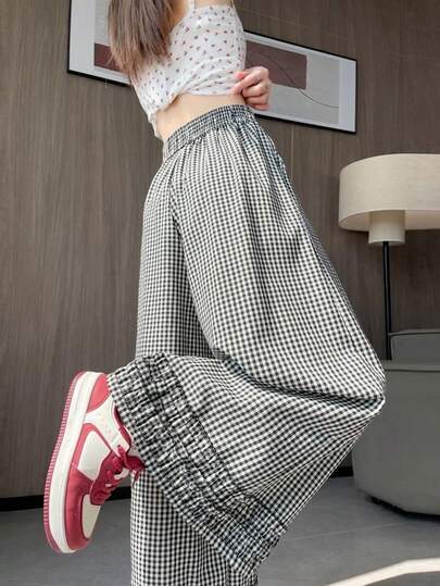 女士休闲可爱格子碎花边长裤，适合春夏秋季