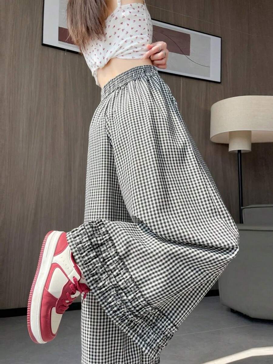 女士休闲可爱格子碎花边长裤，适合春夏秋季 - 黑與白 - 查看 1