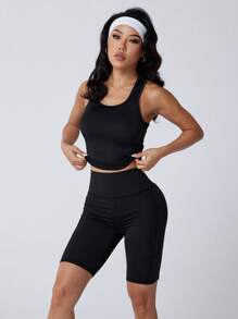 Women's Sports Racerback Tank Top And Pocket Shorts Set, Solid Color Design, Knit Fabric, Medium Elasticity, Opaque, Polyester & Spandex Blend, Suitable For Yoga, Workout, Exercise, And Casual Daily Wear - Slim Fit