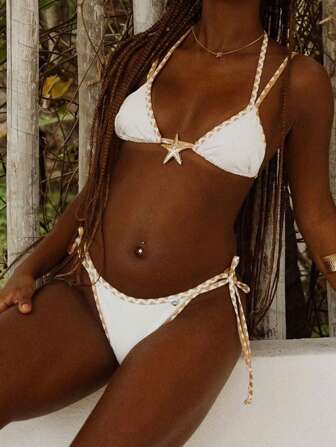 Ladies' Summer Sexy Beachwear Solid Color Backless Collar Tie Two-Piece Split Swimsuit Women