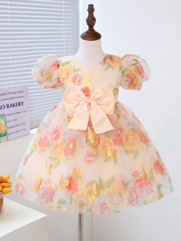 1 pezzo Vestito da ragazza giovane, carino ed elegante, da principessa, con stampa di fiori e farfalle, in tulle con maniche a palloncino e gonna a tutu, con fiocco decorativo, adatto per feste, compleanni, esibizioni, utilizzabile in tutte le stagioni