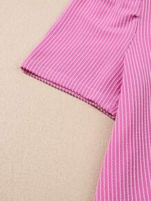 Mint Green Knit Round Neck Puff Sleeve Straight Mini Dress - Hot Pink - View 9