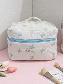 1 Stück weiße gesteppte karierte Kosmetiktasche, blaues Schleifenmuster, girly Herz Design, multifunktionale Kosmetik Aufbewahrungstasche, tragbare Kosmetikpinsel Clutch Tasche mit Reißverschluss, geeignet für Lippenstift, Pinsel, Hautpflege, Aufbewahrungsbox, für Urlaub, Strand, Badezimmer, Schlafzimmer, großes Fassungsvermögen