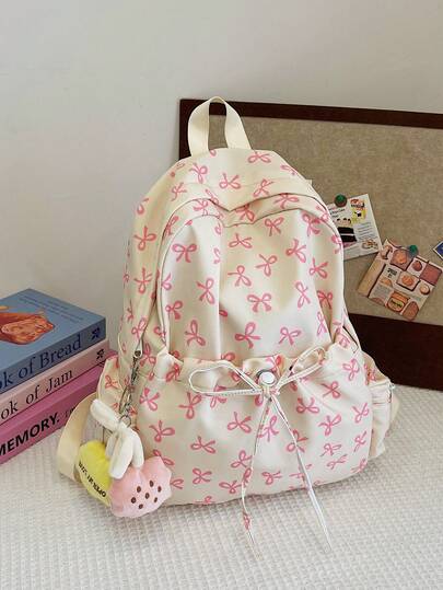 Nylon Casual Campus Style Fresh Butterfly Allover Print Drawstring Multi-Pocket Large Capacity Foldable Backpack With Cartoon Decoration, Suitable For Teenagers, Middle/High School Students, College Students, Daily Commute, Shopping, Travel, Graduation, Back To School Gift