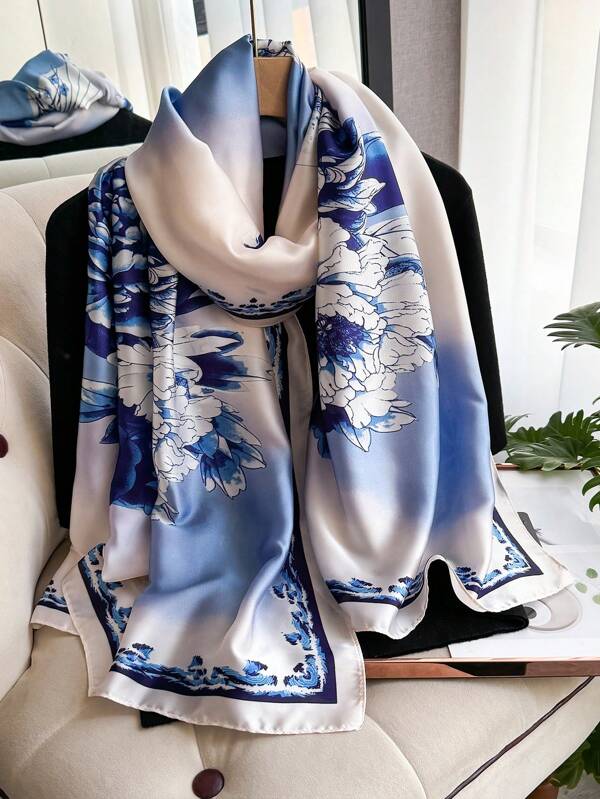 1 pièce Châle/écharpe mode en faux soie imprimé floral pour femme, polyvalent pour les voyages et la tenue quotidienne, printemps/automne