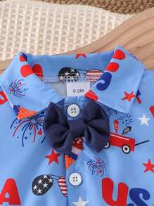 2pcs Baby Boy (Toddler) Casual Short Sleeve Shirt Romper + Bib Shorts Set, Lightweight Summer Outfit