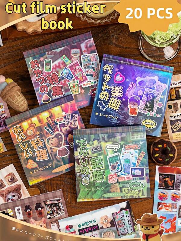 Livre d'autocollants style rétro japonais - 20 pièces avec des motifs d'aliments délicieux et d'animaux de compagnie mignons, convient pour les journaux, les coques de téléphone, les bouteilles d'eau - Acrylique auto-adhésif, texture en plastique, décoration de journal intime avec un design de bento mignon, réutilisable, fournitures scolaires, rentrée des classes