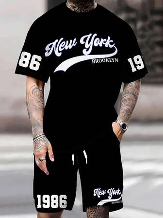 Sommarkortärmad t-shirt och shorts, herrmode med logotyptryck och rund halsringning, sportdräkt