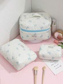 1 Stück weiße gesteppte karierte Kosmetiktasche, blaues Schleifenmuster, girly Herz Design, multifunktionale Kosmetik Aufbewahrungstasche, tragbare Kosmetikpinsel Clutch Tasche mit Reißverschluss, geeignet für Lippenstift, Pinsel, Hautpflege, Aufbewahrungsbox, für Urlaub, Strand, Badezimmer, Schlafzimmer, großes Fassungsvermögen