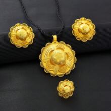 Dubai Style Luxury Jewelry Set For Women, Flower Shaped Pendant, Ring, Earrings With Star Pattern, Traditional African Bride Wedding Accessories Gift