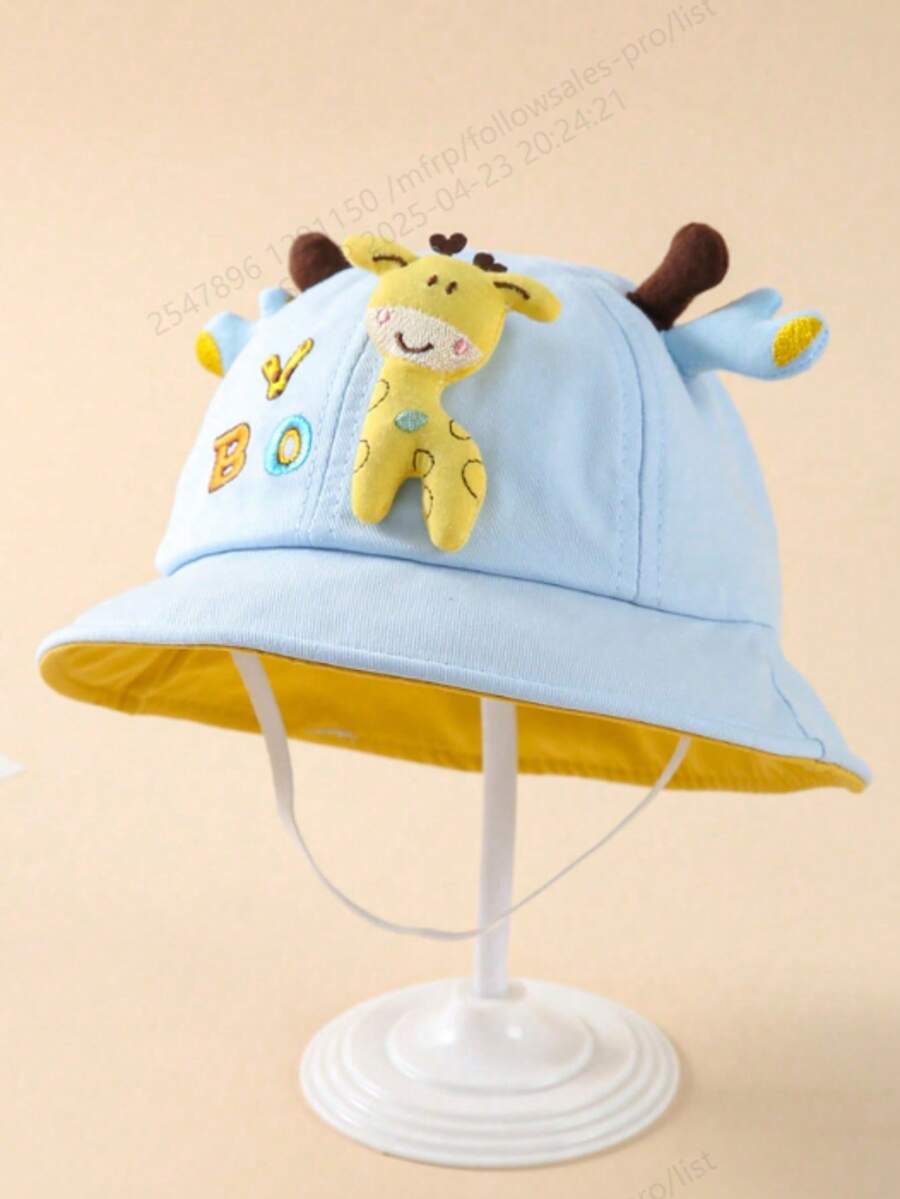 1pc Spring/Autumn Baby Bucket Hat Cute Cartoon Deer Pattern, Unisex - Blue - View 1