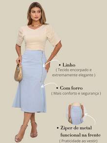 Linen Midi Skirt With Mermaid Hem, Slit And Side Zipper Detail - Màu xanh nhạt - Xem 6