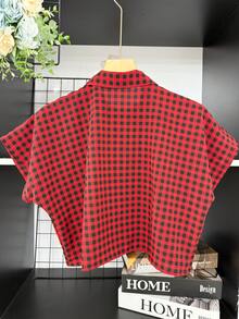 ELLIE Casual Striped Print Loose Cropped Shirt - 紅黑格子 - 查看 5