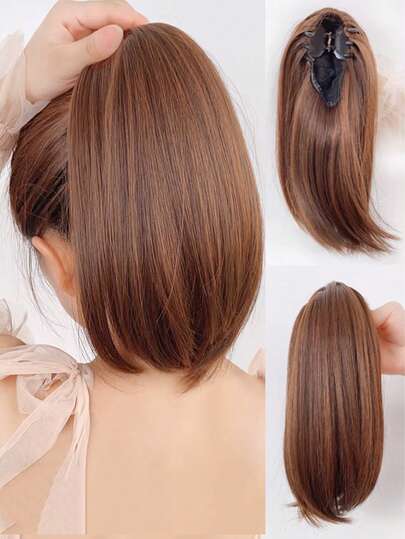 女士 12 英寸短直马尾假发 合成纤维夹式假发 自然蓬松 略微卷曲假马尾接发