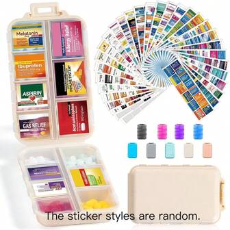 DIY 药丸整理器，带有 415 个升级预切药品标签，可折叠药盒，适合日常旅行，旅行必需品迷你药丸容器 7 天药盒，药丸整理器旅行药丸盒药盒药丸架药品储存盒旅行必需品，贴纸样式随机。