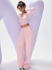 PinkTip Stylish Knit Two - Piece Set: Cropped Top & Wide - Leg Pants - Pink - View 5