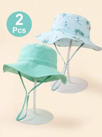 2pcs Kids Blue & Green Palm Tree Print Summer Beach Sun Ion Bucket Hats With Chin Strap