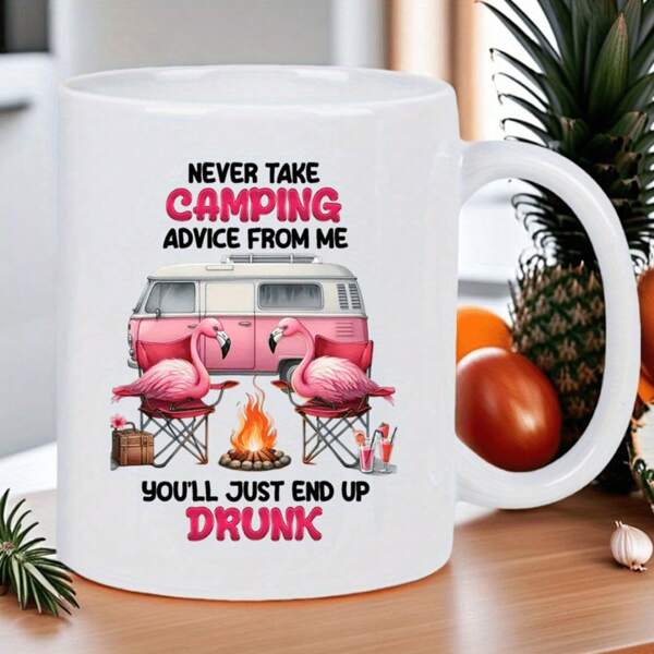 1pc Camping Drunk 11oz Ceramic Coffee Mug - Insulated Reusable Travel Mug With Humorous Camping Design (Flamingo, Vintage Van & Fire Pit) & "Never Listen To My Camping Advice" Quote - Hand Washable, Great For Coffee Lovers, Men & Women, Camping Accessories