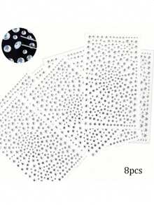 1片/3片/5片/8片装自粘水钻贴纸，水晶发饰钻石脸部装饰贴，适用于DIY手工、万圣节、圣诞节礼物、母亲节、派对、音乐节等场合。 - 白色 - 查看 8