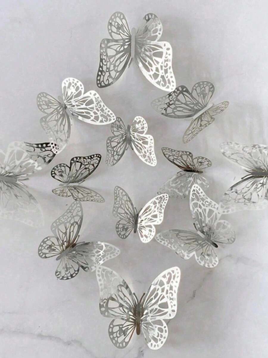 12pcs 3D Hollow Butterfly Wall Stickers, Suitable For Cake Decoration, Wedding Decoration, Living Room Decor, Birthday Party Decor, Stickers, Wall Decals, Vinyl Decals, Home Decor, Spring Decorations, Add Vitality To Your Home, Rama Decorative Stickers, Graduation Gift