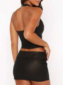 Top de camisola corto para mujer, sexy y elegante, de PU, con escote profundo en V, lazo delantero y hebilla, adecuado para uso en verano, color negro - Negro - Ver 2