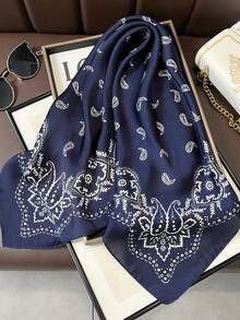 1pc Paisley Print 70cm Small Square Scarf/Bandana, Silk-Like Unisex Accessory, Versatile Neck/Head Wrap, Sun Protection - Navy Blue - View 2