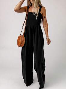 Acelitt Bộ jumpsuit nữ màu trơn cổ vuông xếp ly phối túi, dáng rộng ống rộng không tay, thích hợp cho kỳ nghỉ hè, màu đen thanh lịch. - màu đen - Xem 4