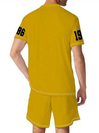 2 件套男士短袖 T 恤和短裤夏季服装，印花圆领上衣和运动风格短裤