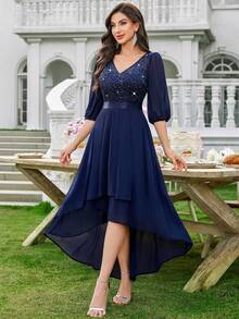 MIUSOL V 领亮片蕾丝泡泡袖高低下摆晚会长裙婚礼宾客礼服舞会礼服 - 藏蓝色 - 查看 5