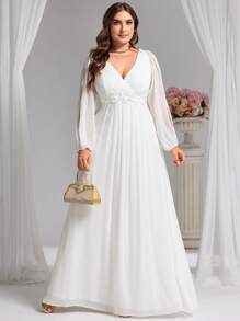 EVER-PRETTY Plus Applicaties Ritssluiting op de rug Lange mouwen Bruidsdouchejurk Wit Elegante Formele Avond Prom Bruiloftsgastjurk, Voor Afstuderen, Diner