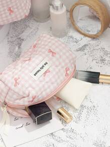 1 Piece Pink Plaid Cosmetic Bag, Bow Pattern, Girly Heart Design, Multifunctional Cosmetic Storage Pouch Portable Cosmetic Brush Clutch Bag With Zipper Closure, Ready For Lipstick