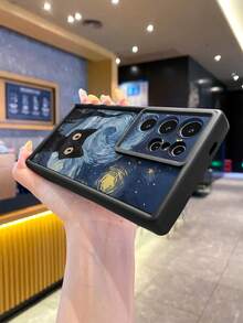 1 件星空黑猫设计喷砂防摔相机保护手机壳适用于 Apple 16/16e、Redmi、Infinix、Vivo 梵高风格防水防震防刮