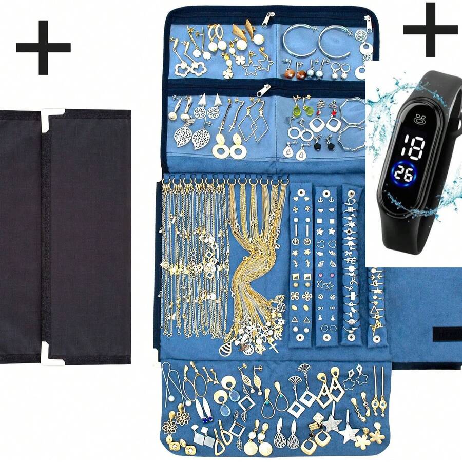 Semi Jewelry Kit 10 Pieces WITH DISPLAY + Waterproof Digital Watch Plated In 18k Gold And Silver Stainless Steel For Women - Vàng - Xem 1
